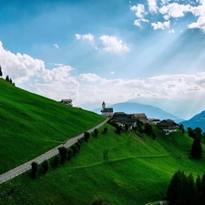 medows, Mountains, woods, clouds, Way, Houses