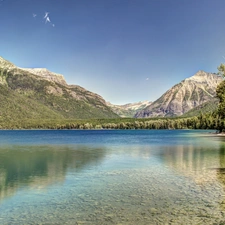 woods, lake, Mountains