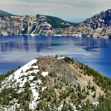 winter, lake, woods, Mountains