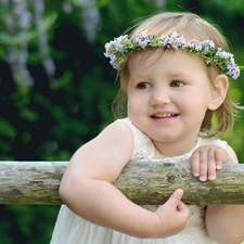 girl, Kid, wreath, Pole, Flowers, smiling