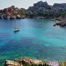 sea, Gulf, Yacht, rocks