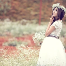 lady, young, Goose, wreath, Flowers, brunette, girl, Meadow